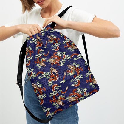 Orange Japanese Dragon Pattern Print Drawstring Backpack