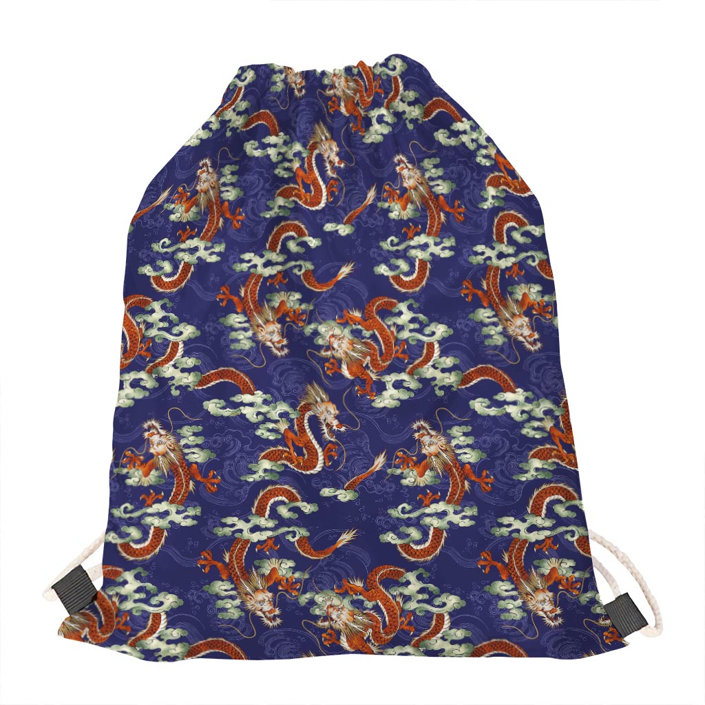 Orange Japanese Dragon Pattern Print Drawstring Bag