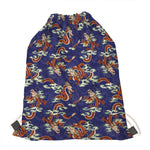 Orange Japanese Dragon Pattern Print Drawstring Bag