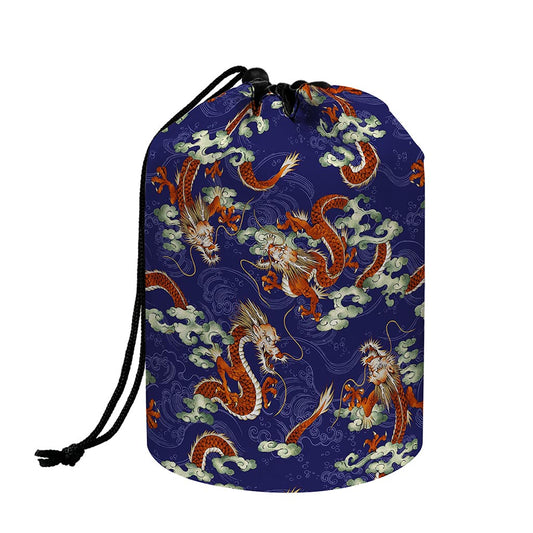 Orange Japanese Dragon Pattern Print Drawstring Makeup Bag