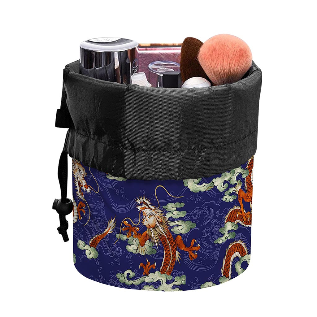 Orange Japanese Dragon Pattern Print Drawstring Makeup Bag
