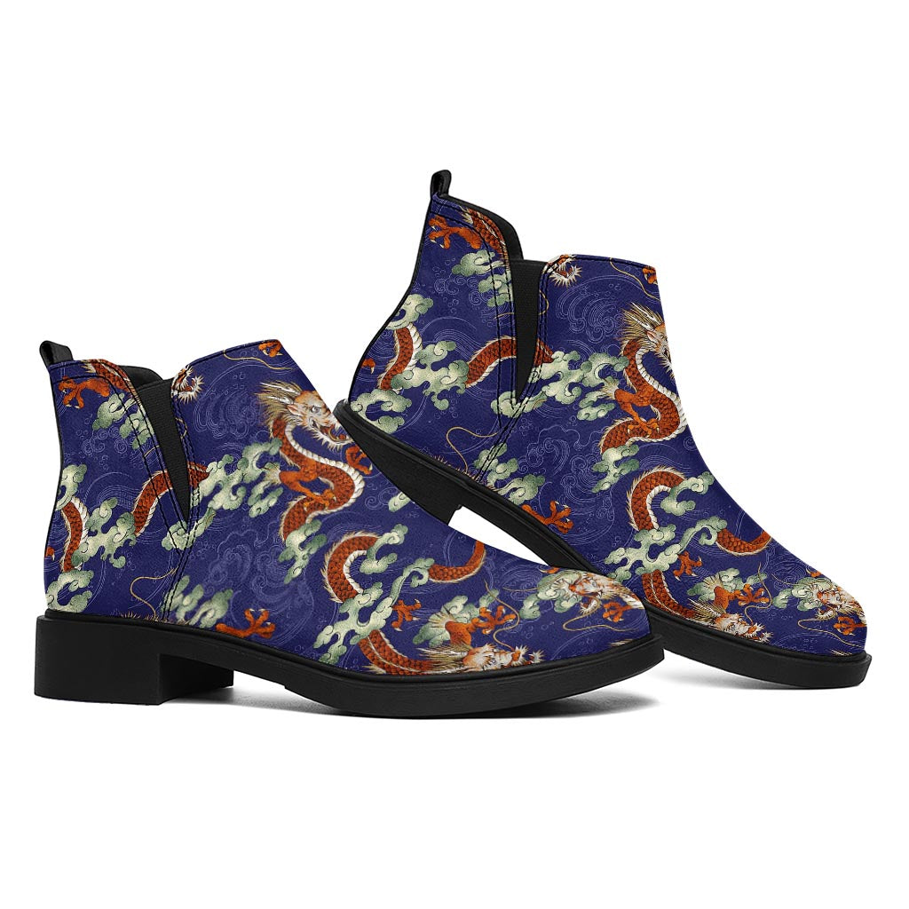 Orange Japanese Dragon Pattern Print Flat Ankle Boots