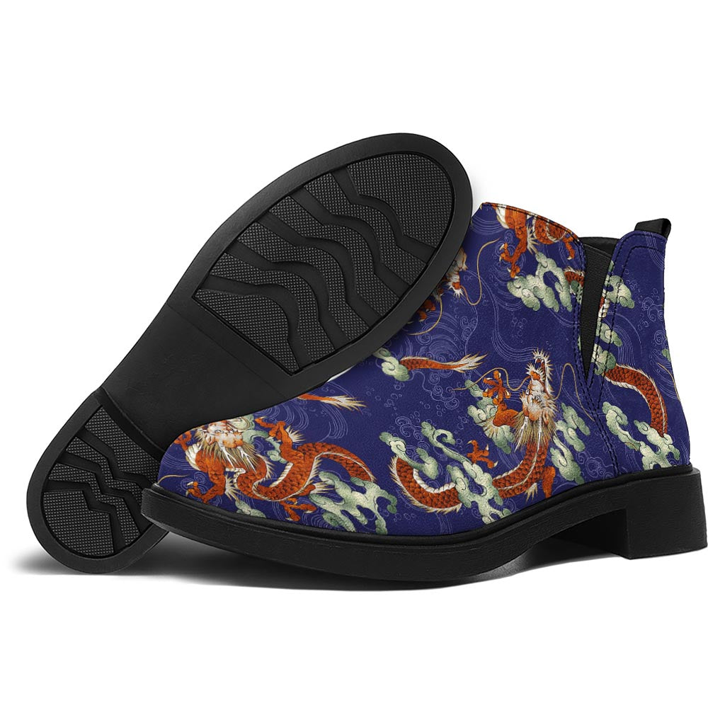 Orange Japanese Dragon Pattern Print Flat Ankle Boots