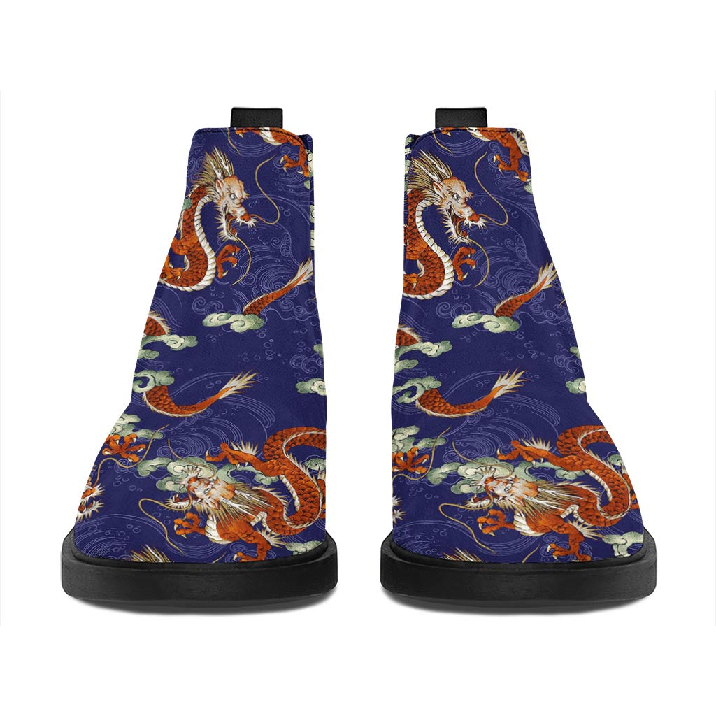 Orange Japanese Dragon Pattern Print Flat Ankle Boots