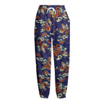 Orange Japanese Dragon Pattern Print Fleece Lined Knit Pants