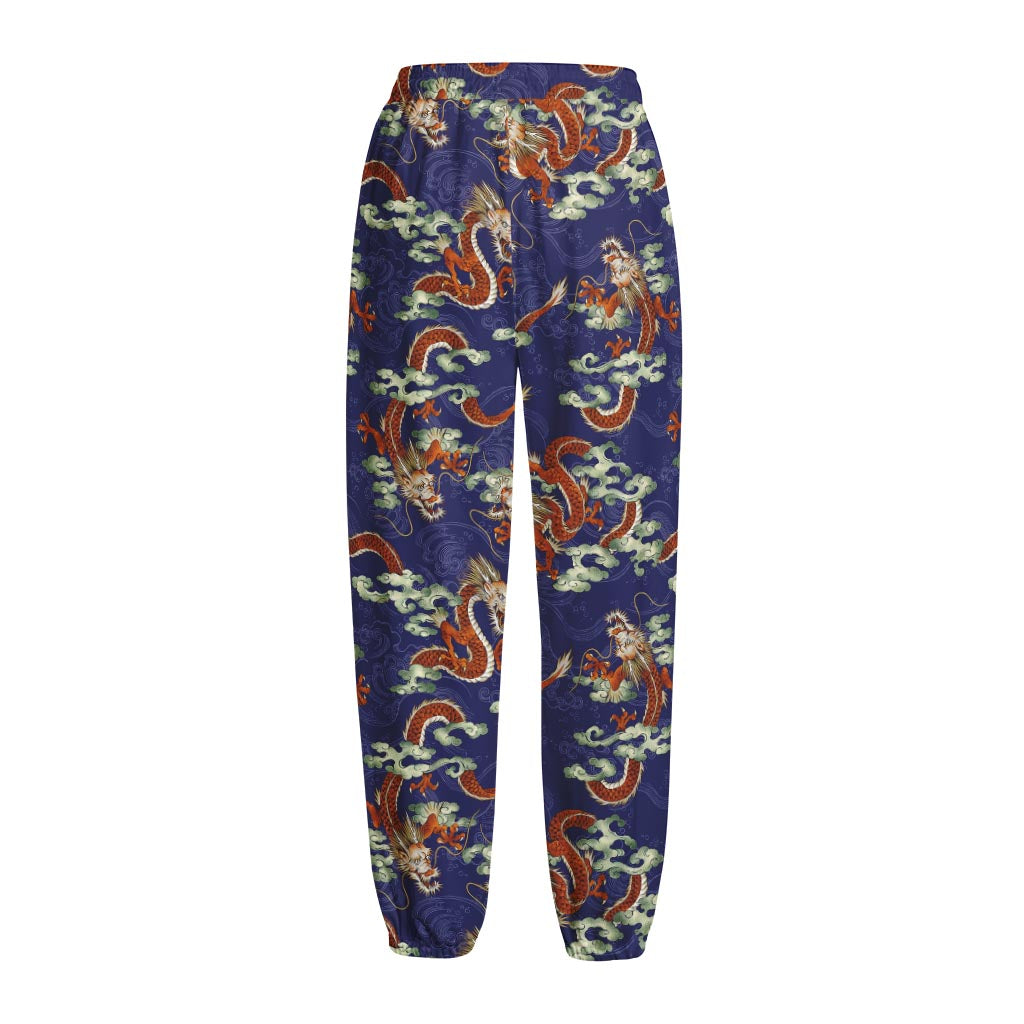 Orange Japanese Dragon Pattern Print Fleece Lined Knit Pants
