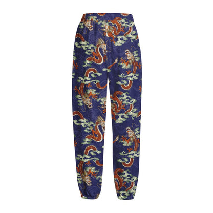 Orange Japanese Dragon Pattern Print Fleece Lined Knit Pants