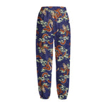 Orange Japanese Dragon Pattern Print Fleece Lined Knit Pants