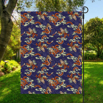 Orange Japanese Dragon Pattern Print Garden Flag