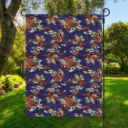 Orange Japanese Dragon Pattern Print Garden Flag