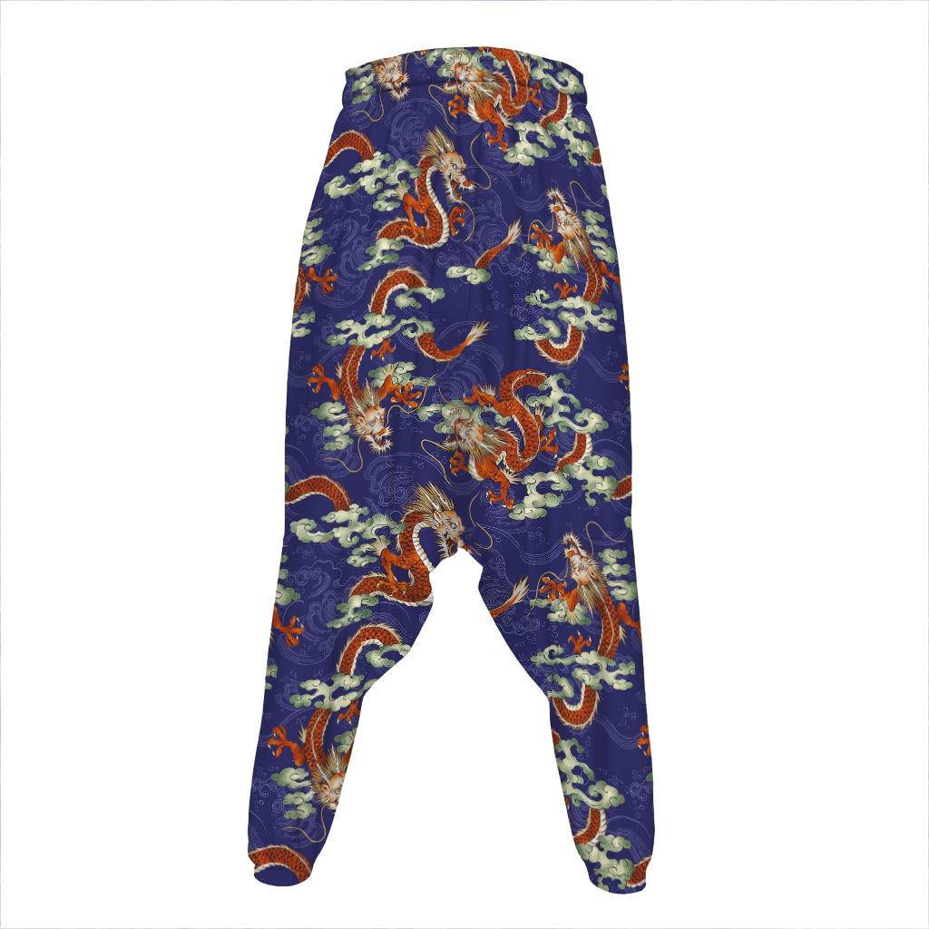 Orange Japanese Dragon Pattern Print Hammer Pants