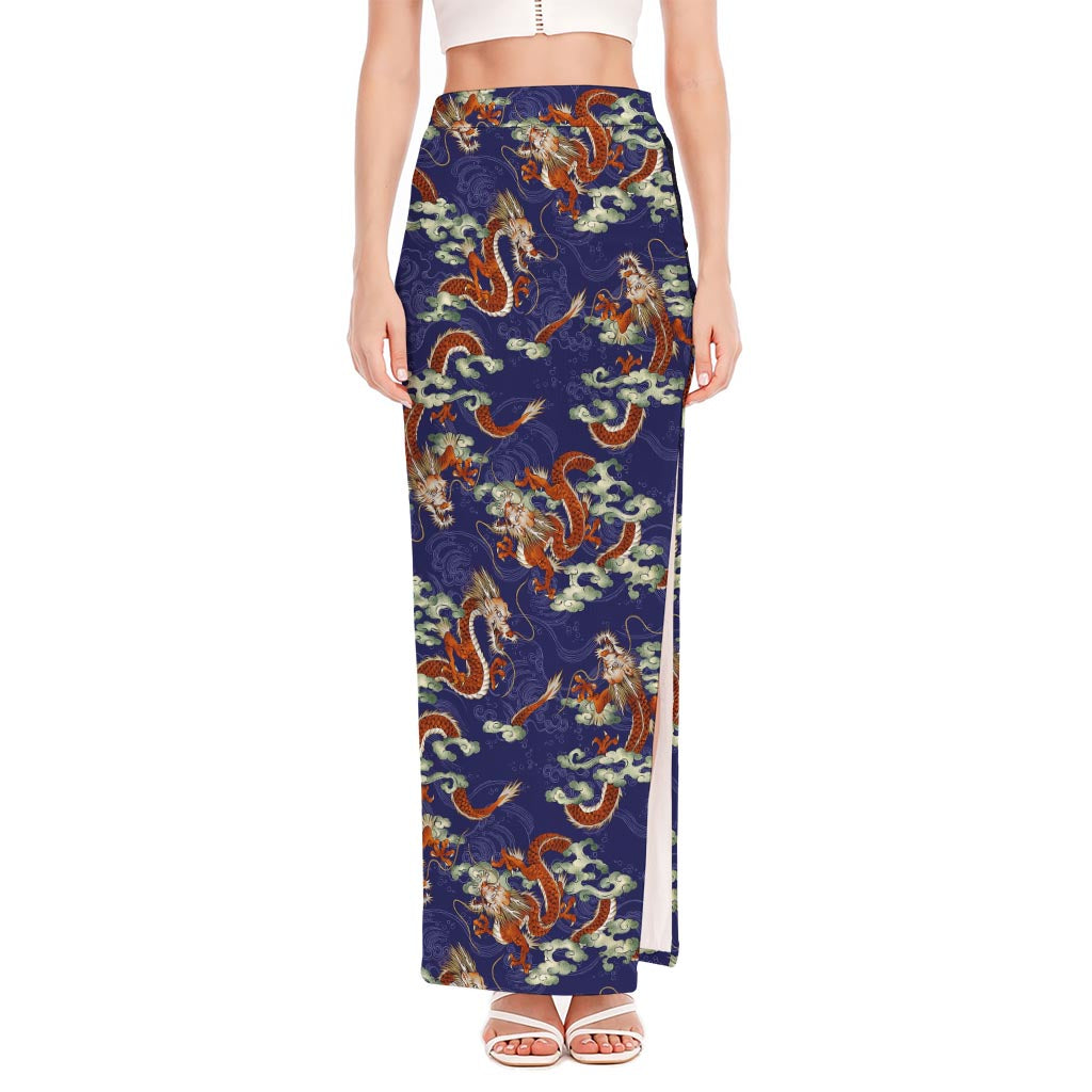 Orange Japanese Dragon Pattern Print High Slit Maxi Skirt