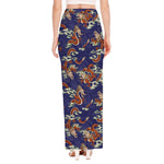 Orange Japanese Dragon Pattern Print High Slit Maxi Skirt