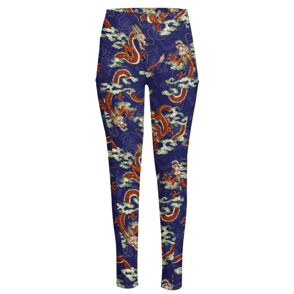 Orange Japanese Dragon Pattern Print High-Waisted Pocket Leggings