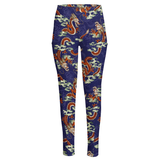 Orange Japanese Dragon Pattern Print High-Waisted Pocket Leggings
