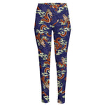 Orange Japanese Dragon Pattern Print High-Waisted Pocket Leggings