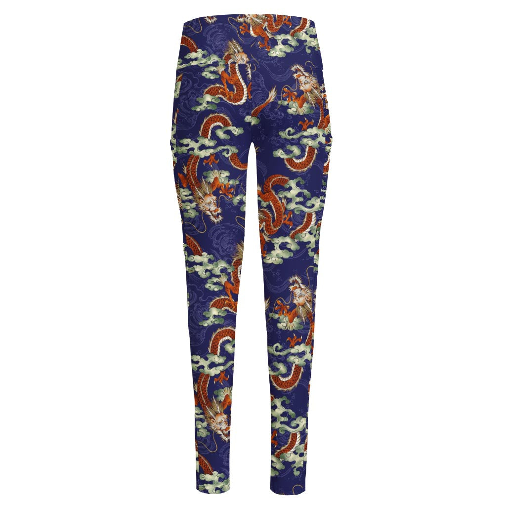 Orange Japanese Dragon Pattern Print High-Waisted Pocket Leggings