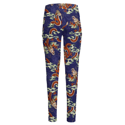 Orange Japanese Dragon Pattern Print High-Waisted Pocket Leggings