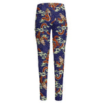 Orange Japanese Dragon Pattern Print High-Waisted Pocket Leggings