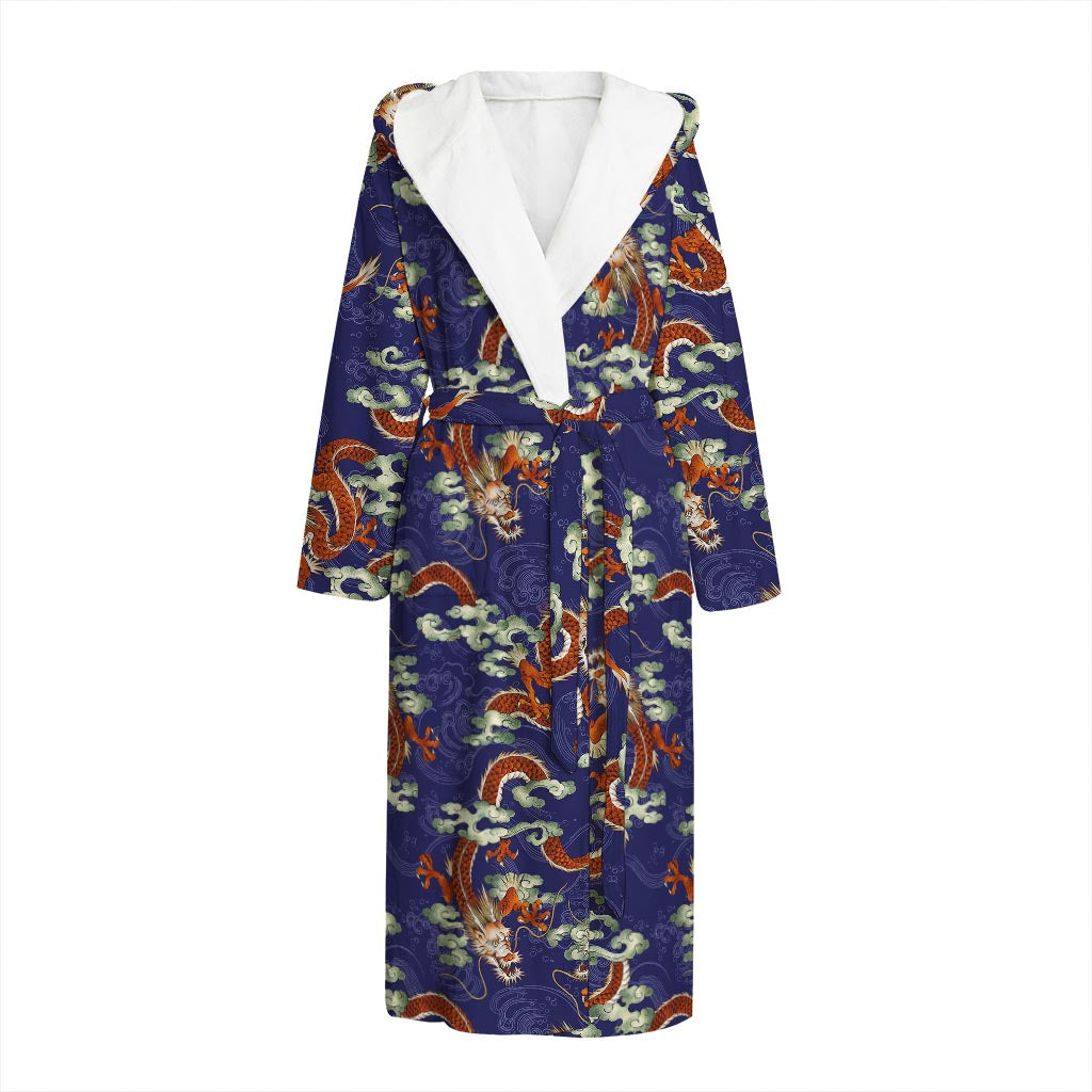 Orange Japanese Dragon Pattern Print Hooded Bathrobe