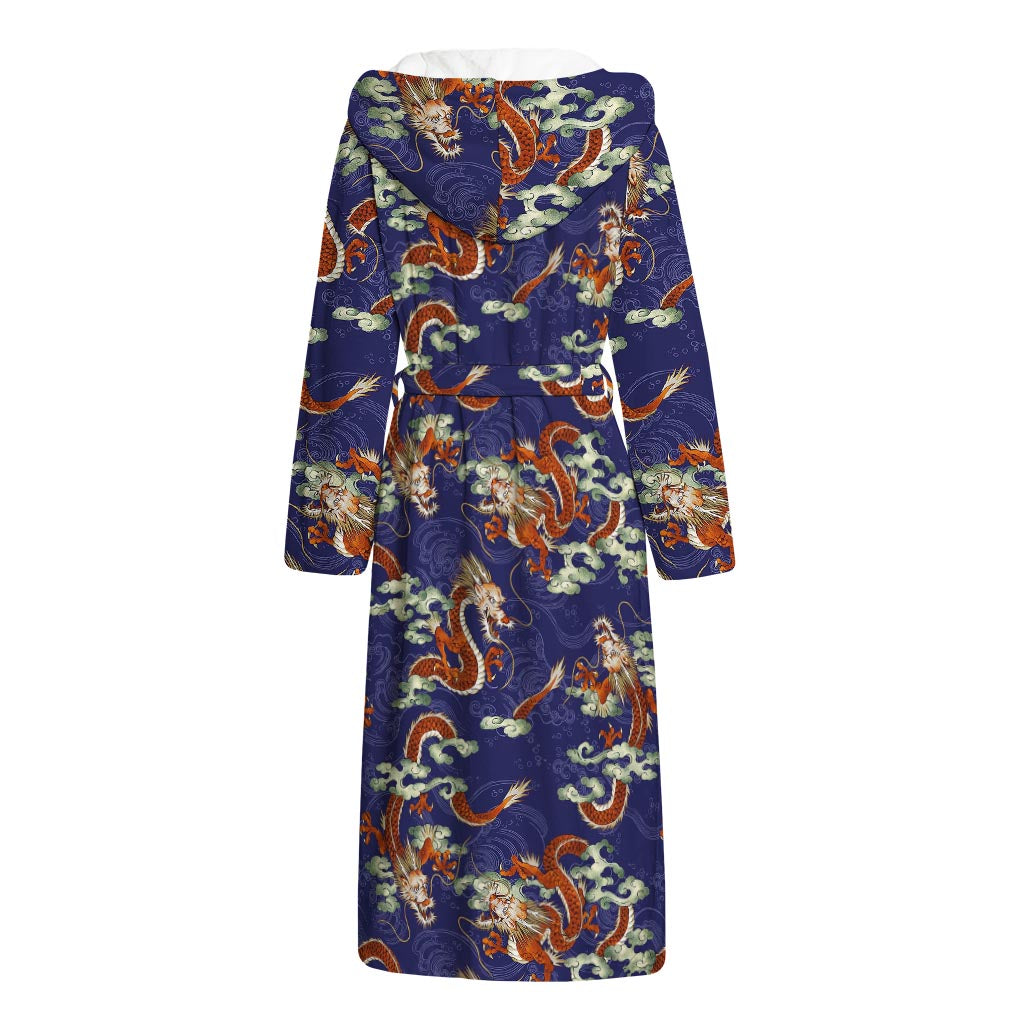 Orange Japanese Dragon Pattern Print Hooded Bathrobe