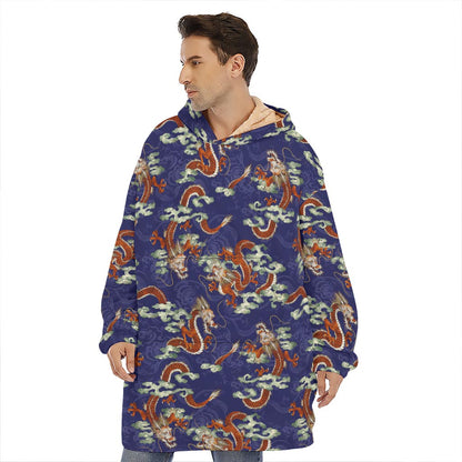 Orange Japanese Dragon Pattern Print Hoodie Blanket