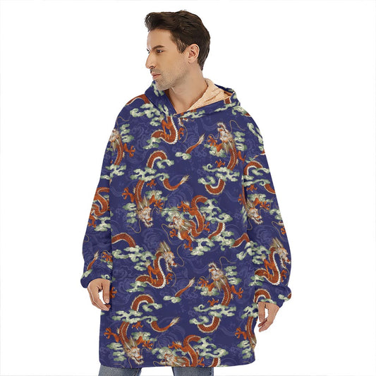 Orange Japanese Dragon Pattern Print Hoodie Blanket