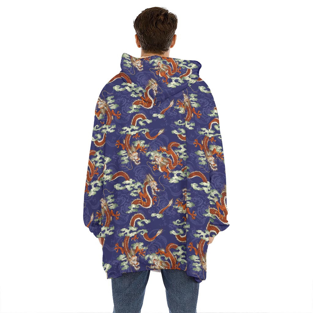 Orange Japanese Dragon Pattern Print Hoodie Blanket