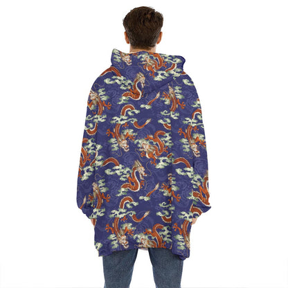 Orange Japanese Dragon Pattern Print Hoodie Blanket