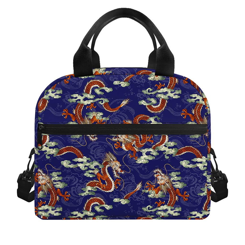 Orange Japanese Dragon Pattern Print Insulated Lunch Bag