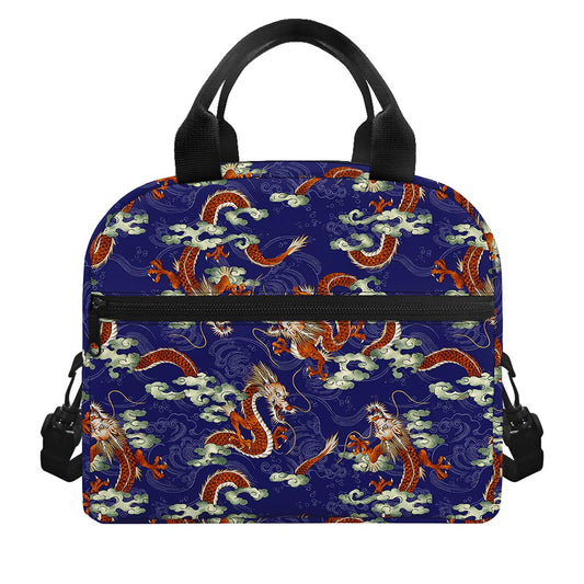 Orange Japanese Dragon Pattern Print Insulated Lunch Bag