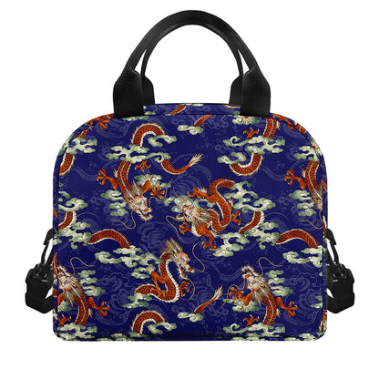 Orange Japanese Dragon Pattern Print Insulated Lunch Bag