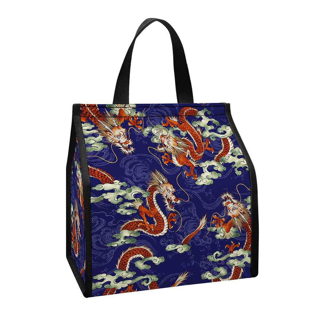 Orange Japanese Dragon Pattern Print Insulated Lunch Tote