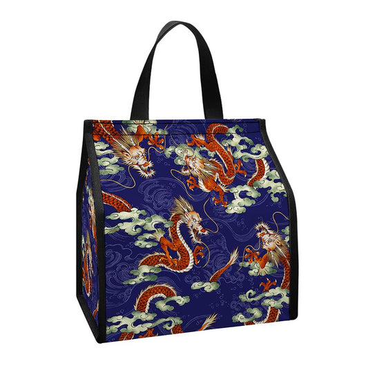 Orange Japanese Dragon Pattern Print Insulated Lunch Tote