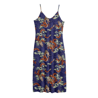 Orange Japanese Dragon Pattern Print Jersey Midi Cami Dress