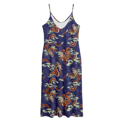Orange Japanese Dragon Pattern Print Jersey Midi Cami Dress