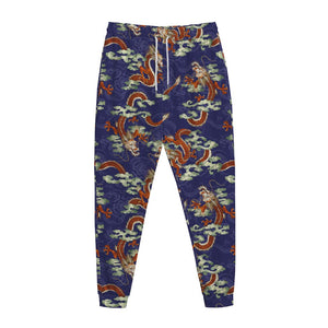 Orange Japanese Dragon Pattern Print Jogger Pants