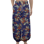 Orange Japanese Dragon Pattern Print Lantern Pants