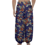 Orange Japanese Dragon Pattern Print Lantern Pants