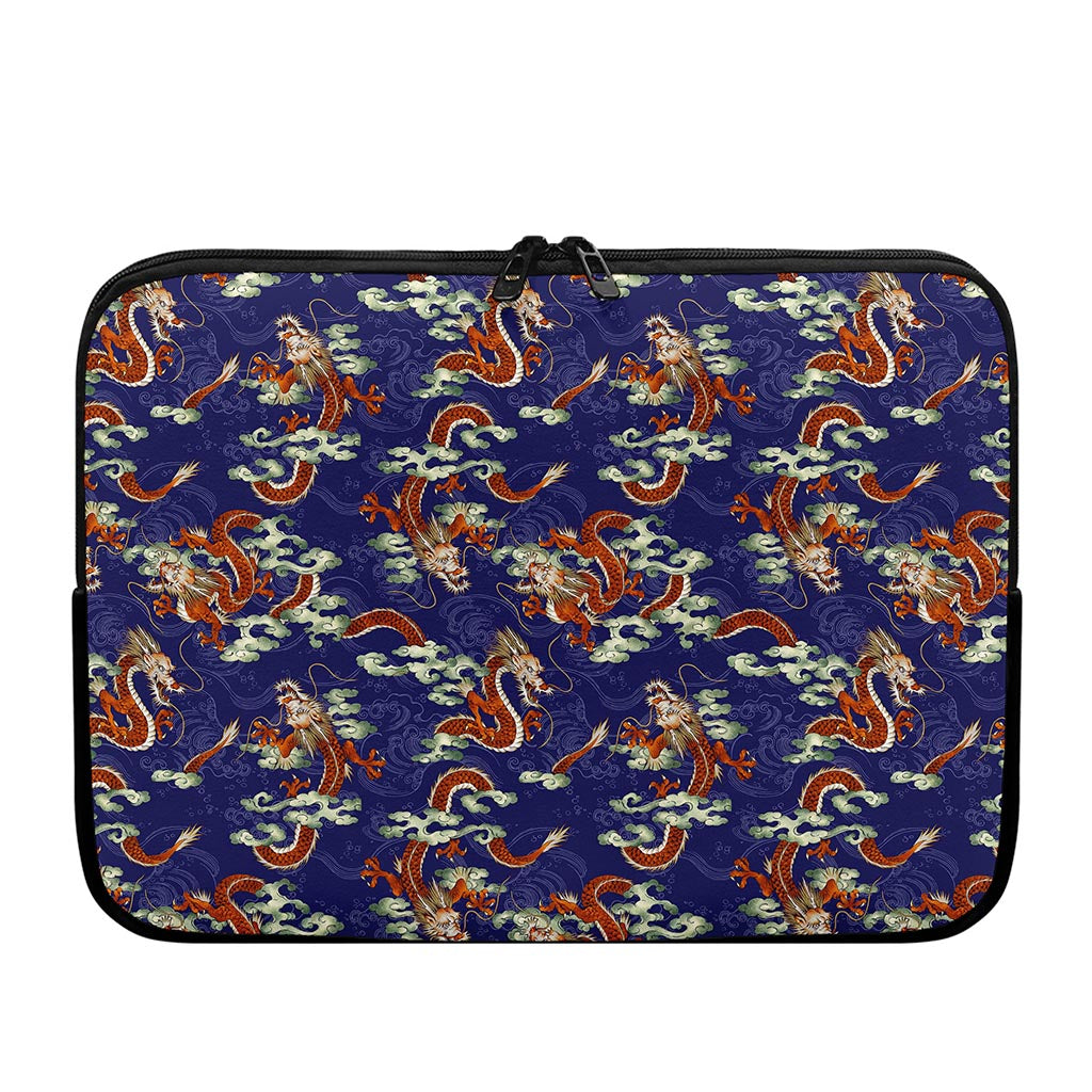 Orange Japanese Dragon Pattern Print Laptop Sleeve
