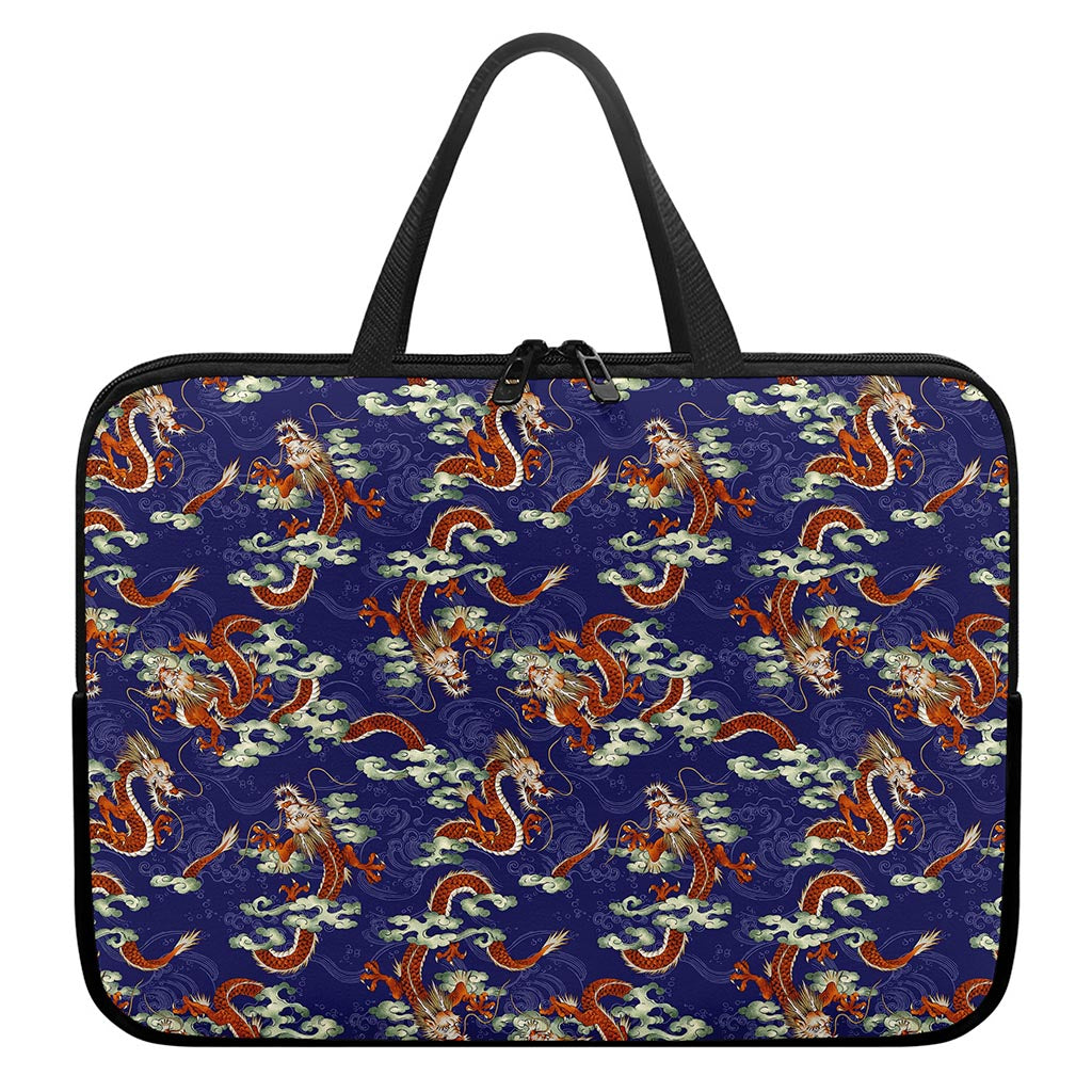 Orange Japanese Dragon Pattern Print Laptop Sleeve With Handle