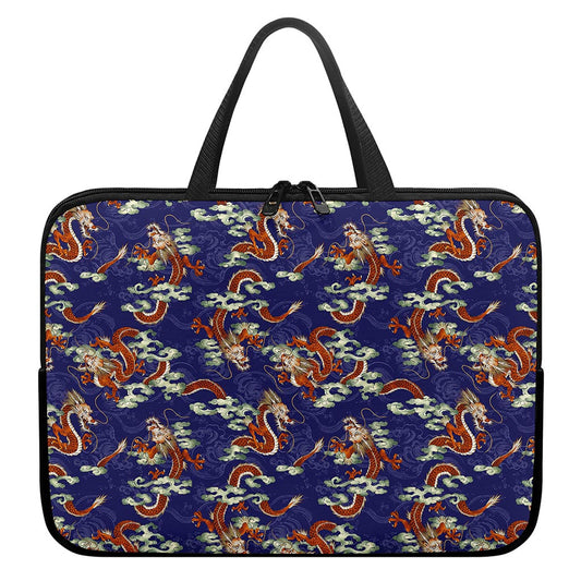 Orange Japanese Dragon Pattern Print Laptop Sleeve With Handle