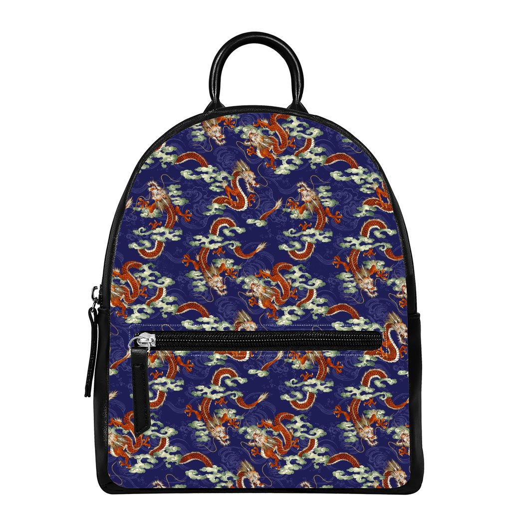 Orange Japanese Dragon Pattern Print Leather Backpack