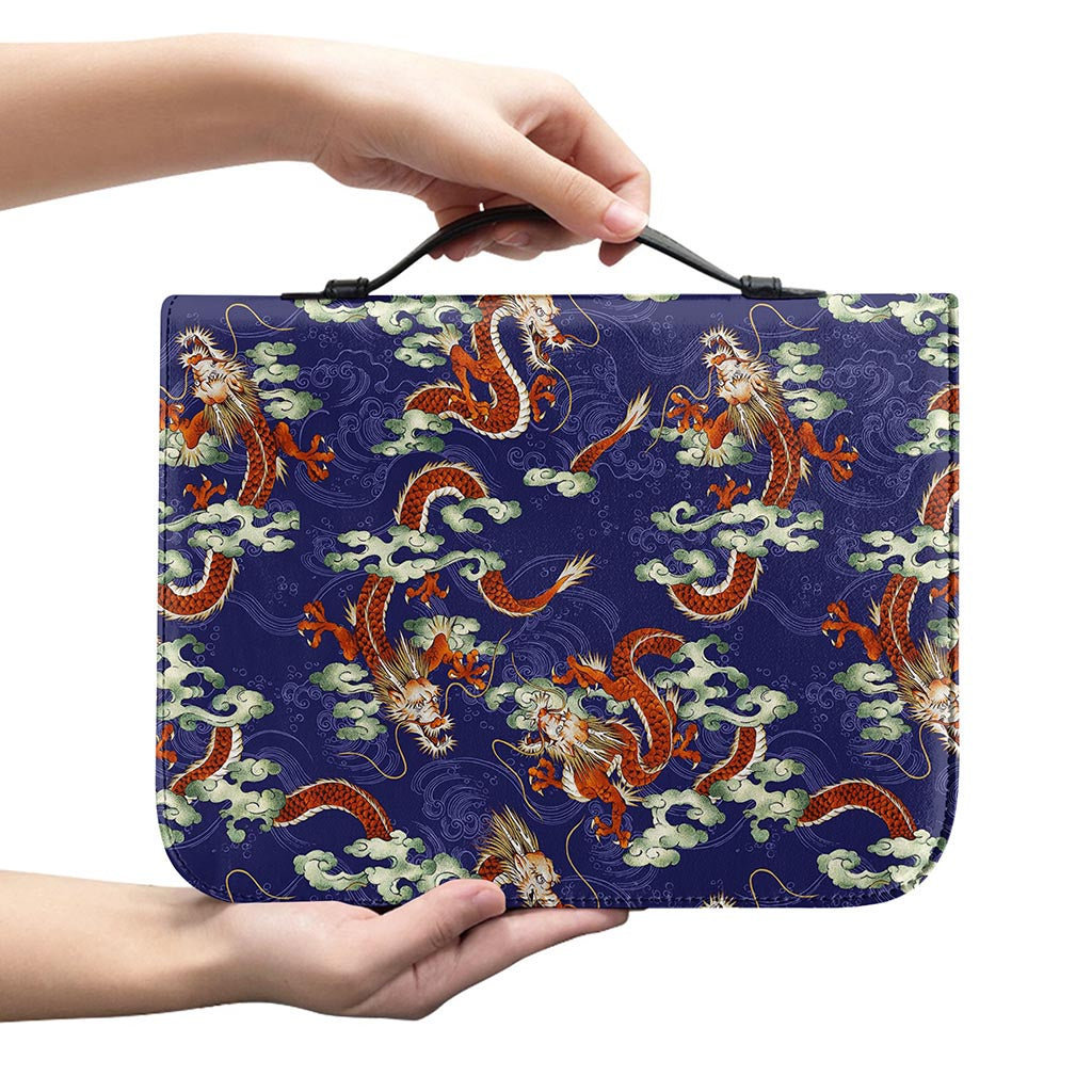 Orange Japanese Dragon Pattern Print Leather Bible Cover