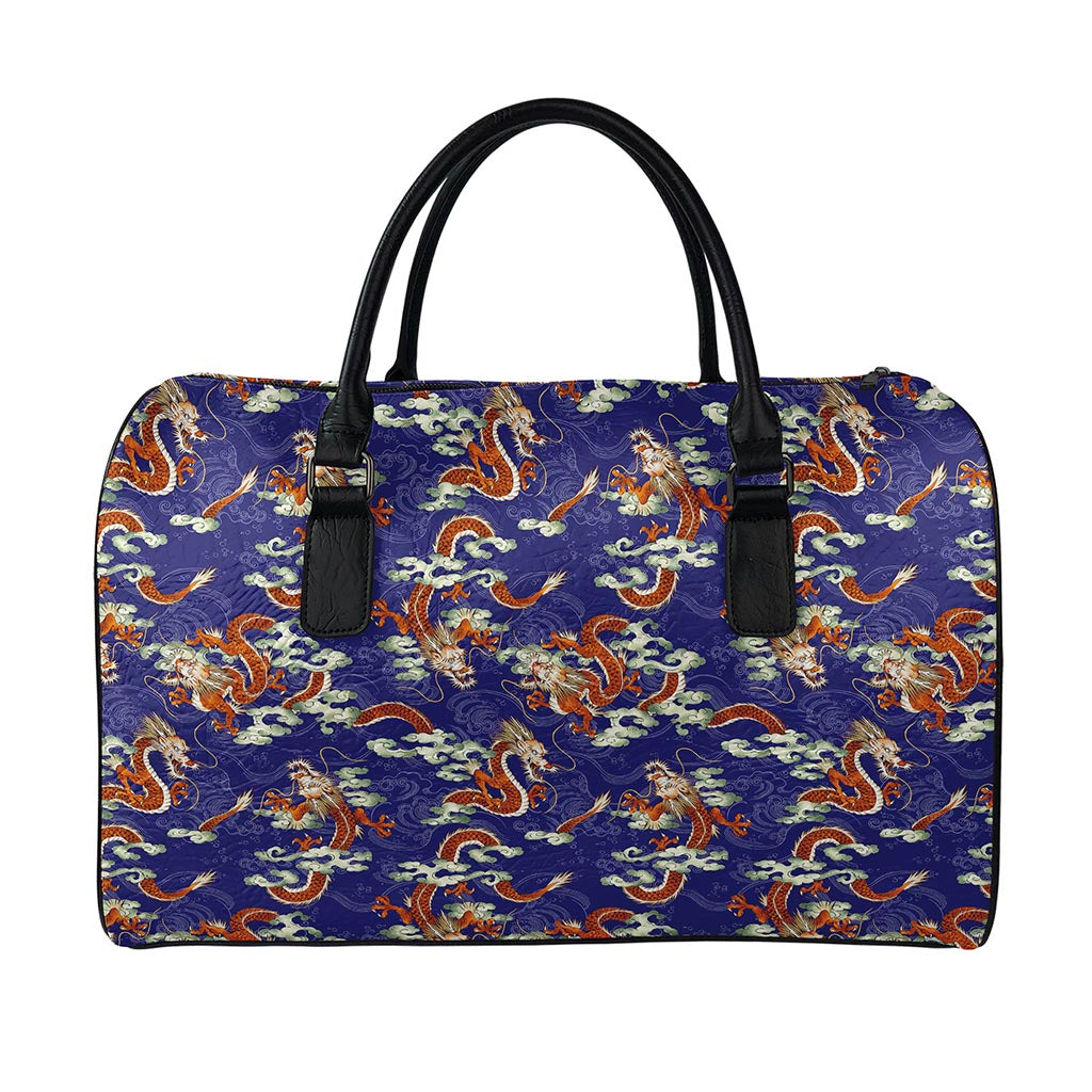 Orange Japanese Dragon Pattern Print Leather Duffle Bag