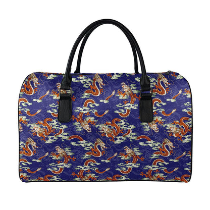 Orange Japanese Dragon Pattern Print Leather Duffle Bag