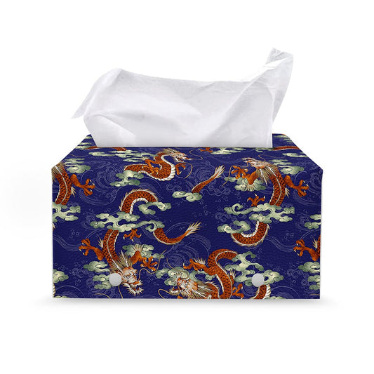 Orange Japanese Dragon Pattern Print Leather Tissue Box Cover