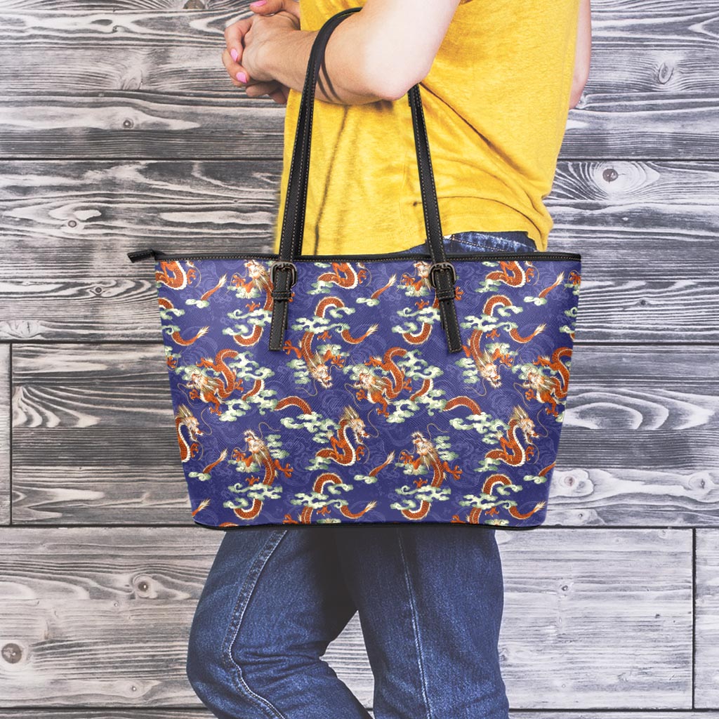 Orange Japanese Dragon Pattern Print Leather Tote Bag