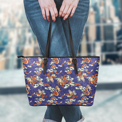 Orange Japanese Dragon Pattern Print Leather Tote Bag