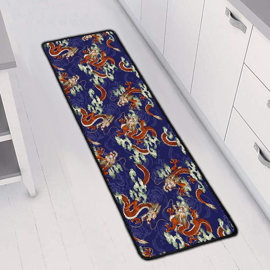 Orange Japanese Dragon Pattern Print Long Kitchen Mat